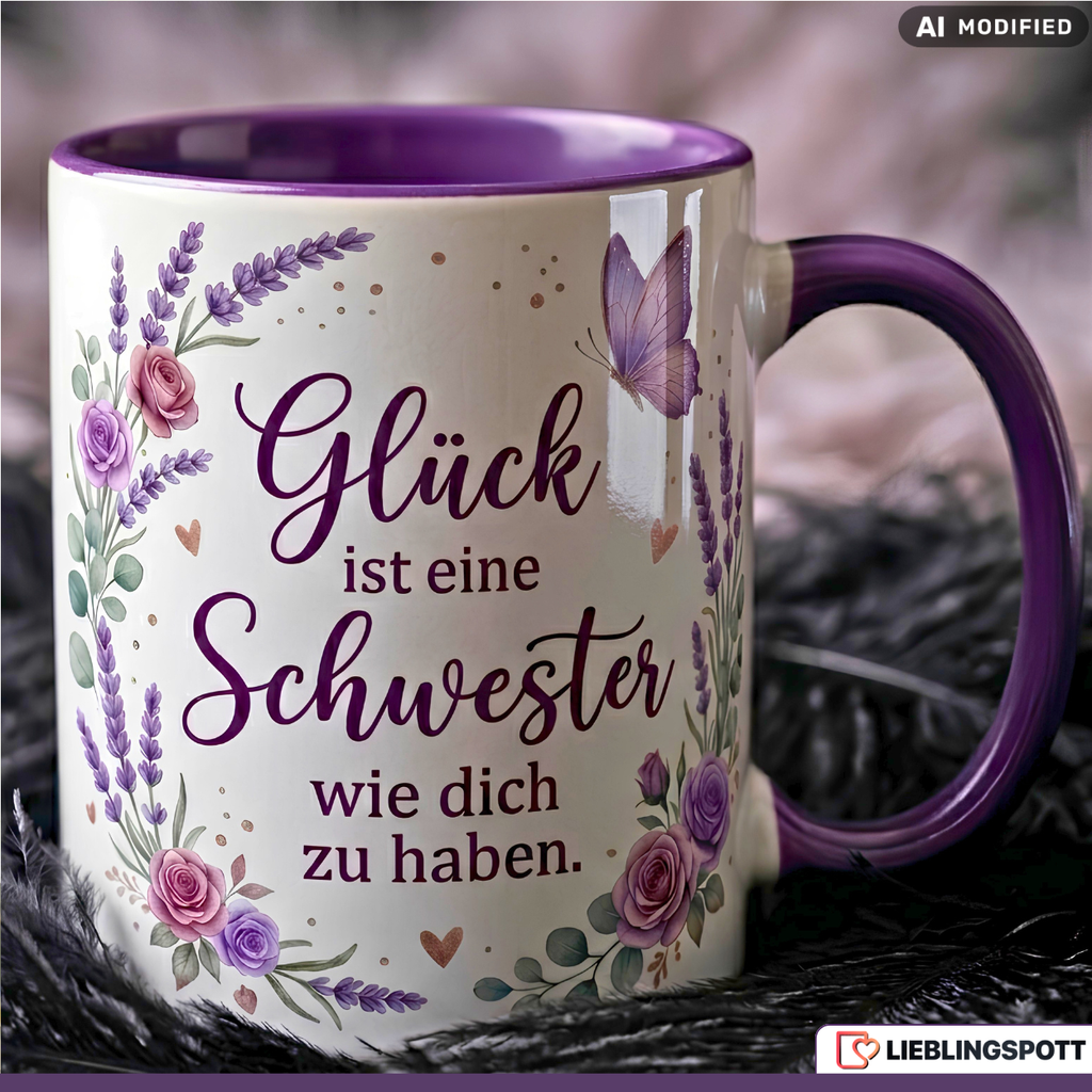 Schwester Tasse Spruch Glück Geschenk Danke Geburtstag Lila Becher 330ml