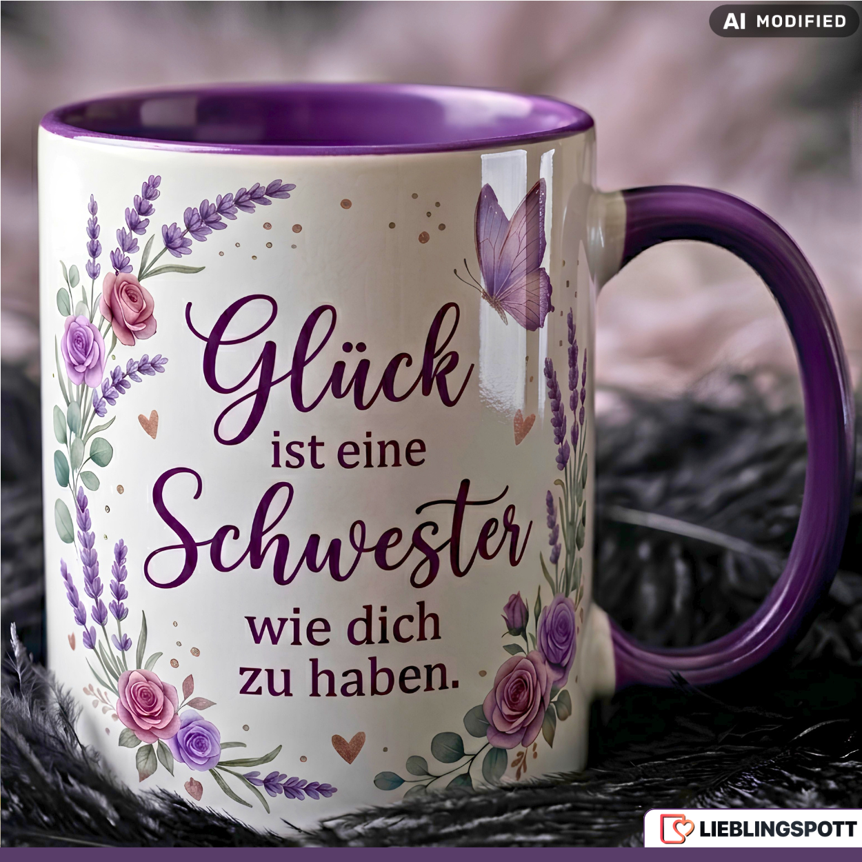 Schwester Tasse Spruch Glück Geschenk Danke Geburtstag Lila Becher 330ml