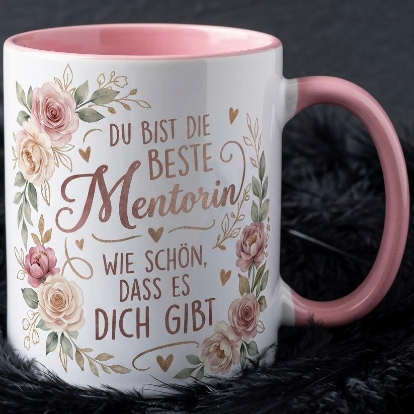 Mentorin Tasse Spruch Du bist die beste Mentorin Wie schön dass es dich gibt – Geschenk für Vorgesetzte Geburtstag Danke Abschied Weihnachten – Kaffeetasse Blumen – Keramik Becher Weiß Lila 330ml