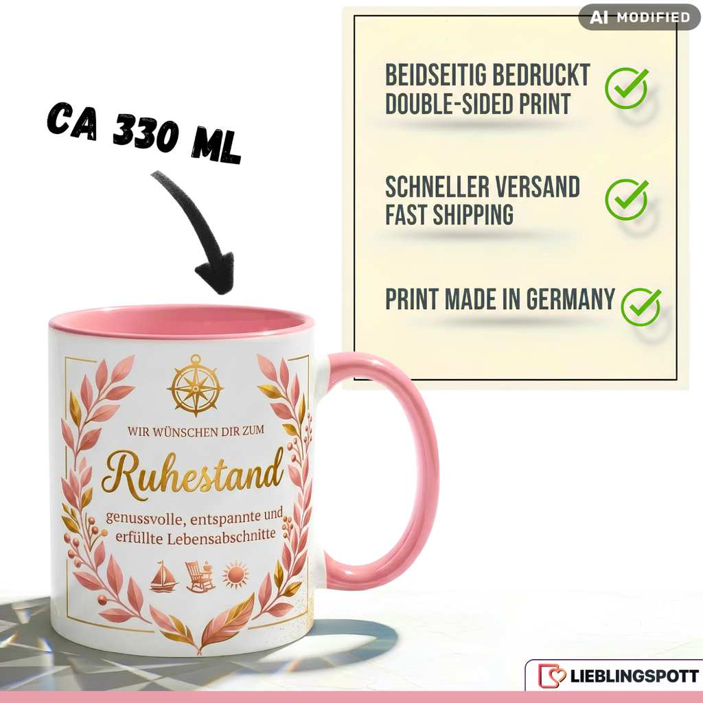 Ruhestand Tasse Spruch Geschenk Abschied Kollegin Rosa Becher 330ml