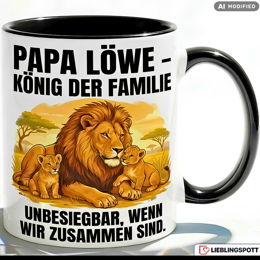 Papa Tasse Spruch Papa Löwe König der Familie Unbesiegbar wenn wir zusammen sind – Geschenk für Vater zum Vatertag Geburtstag Weihnachten – Kaffeetasse Löwen Motiv – Keramik Becher Weiß Schwarz 330ml