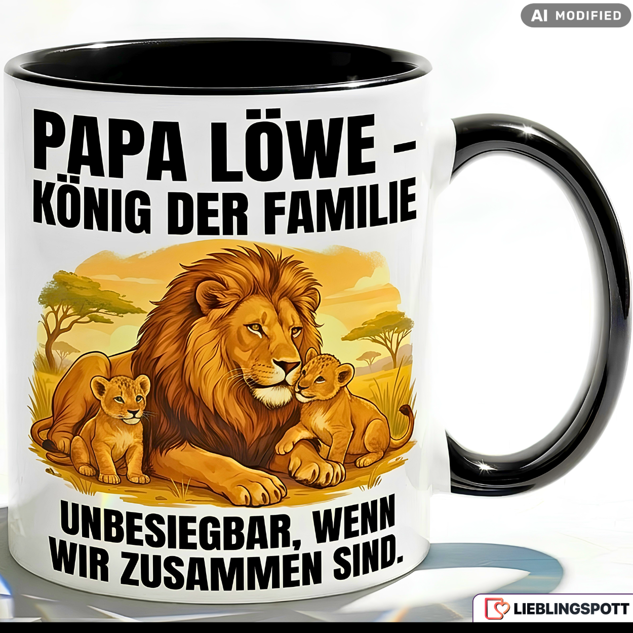 Papa Tasse Spruch Papa Löwe König der Familie Unbesiegbar wenn wir zusammen sind – Geschenk für Vater zum Vatertag Geburtstag Weihnachten – Kaffeetasse Löwen Motiv – Keramik Becher Weiß Schwarz 330ml
