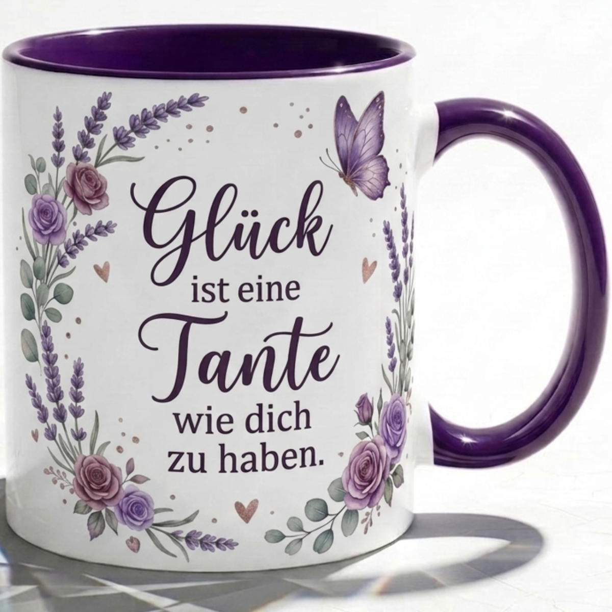 Tante Tasse Spruch Glück ist eine Tante wie dich zu haben – Geschenk für Tante Geburtstag Danke Weihnachten Nichte Neffe – Kaffeetasse Lavendel – Keramik Becher Weiß Lila 330ml