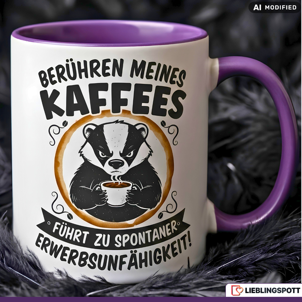 Lustige Dachs Tasse Spruch Berühren meines Kaffees führt zu spontaner Erwerbsunfähigkeit – Witzige Kaffeetasse Büro Arbeit Job – Geschenk Kollegen Chef Humor – Keramik 330ml