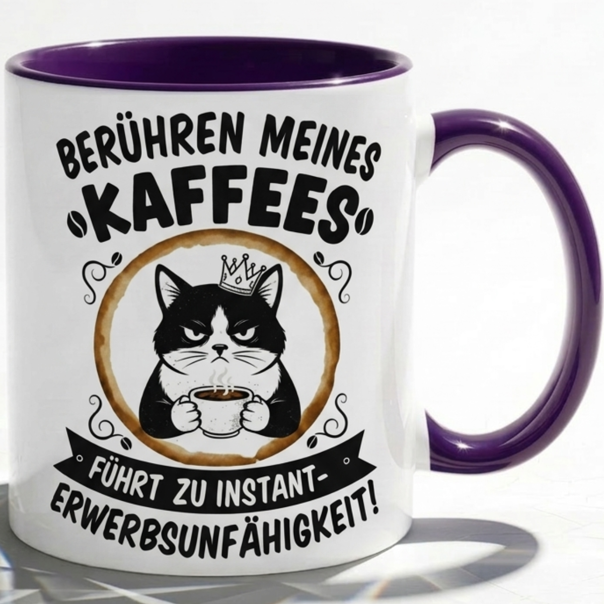 Lustige Katze Tasse Spruch Berühren meines Kaffees führt zu instant Erwerbsunfähigkeit – Witzige Kaffeetasse Büro Arbeit Job Humor – Geschenk Kollegen – Keramik Becher 330ml