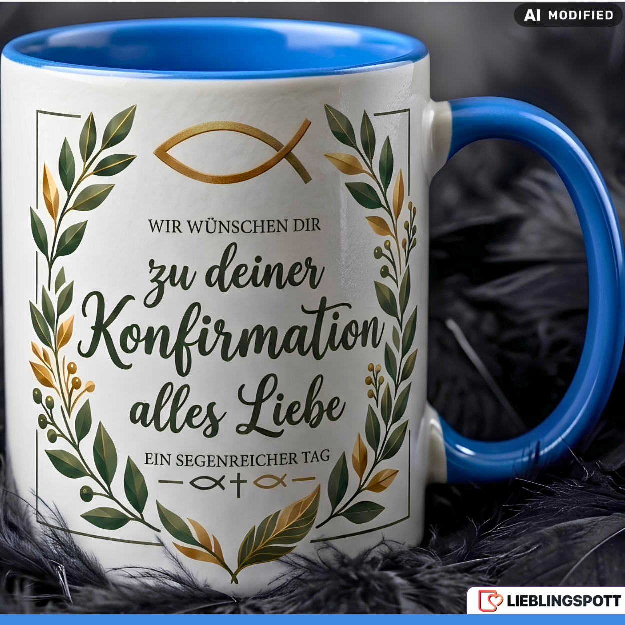 Konfirmation Tasse Spruch Geschenk alles Liebe Blauer Becher 330ml