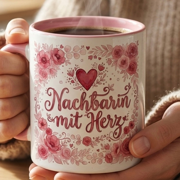 Nachbarin Tasse Spruch Nachbarin mit Herz – Geschenk für Nachbarin Geburtstag Einzug Umzug Danke Abschied – Liebevolle Kaffeetasse Blumen Muster – Keramik Becher Weiß Rosa 330ml