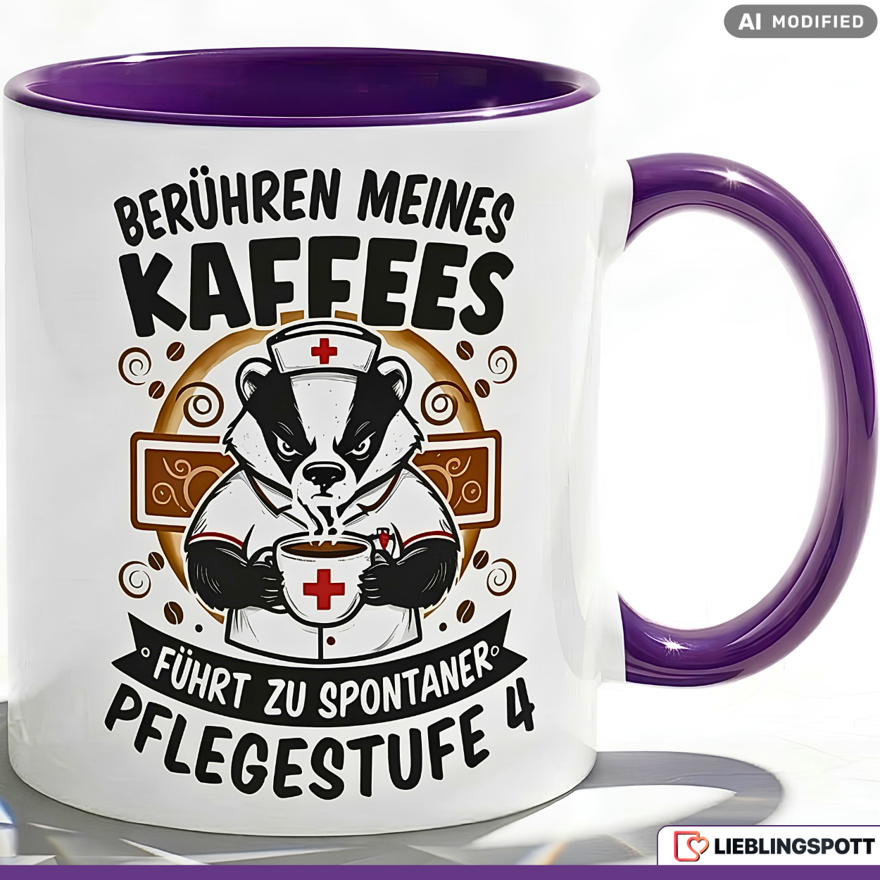 Lustige Dachs Tasse Spruch Berühren meines Kaffees führt zu spontaner Pflegestufe 4 – Witzige Kaffeetasse Pflegekraft Krankenschwester Pfleger – Geschenk Krankenhaus Altenpflege – Keramik 330ml