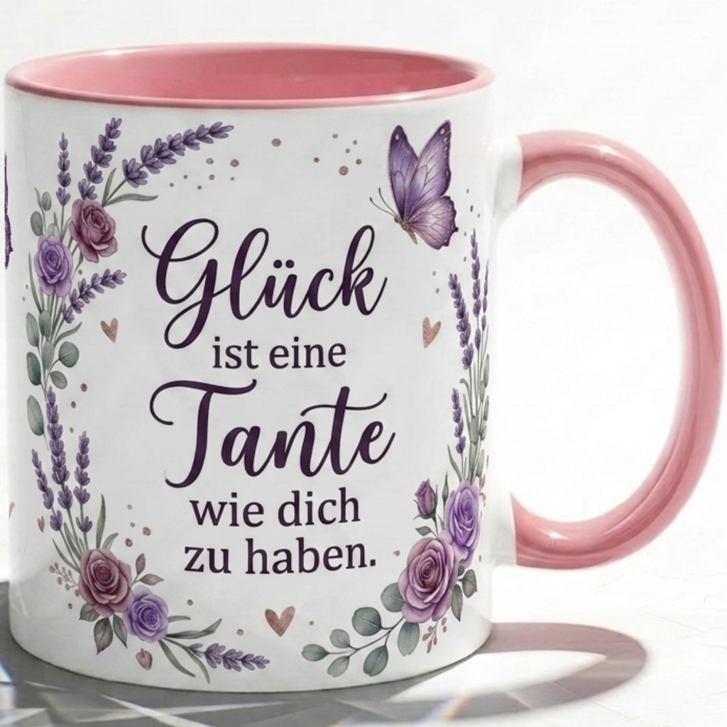 Tante Tasse Spruch Glück ist eine Tante wie dich zu haben – Geschenk für Tante Geburtstag Danke Weihnachten Nichte Neffe – Kaffeetasse Lavendel – Keramik Becher Weiß Lila 330ml