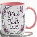 Tante Tasse Spruch Glück ist eine Tante wie dich zu haben – Geschenk für Tante Geburtstag Danke Weihnachten Nichte Neffe – Kaffeetasse Lavendel – Keramik Becher Weiß Lila 330ml