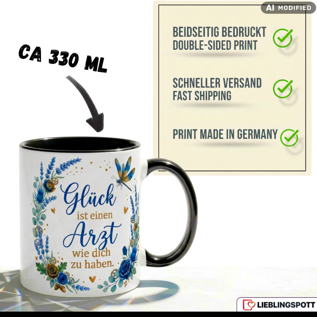 Arzt Tasse Spruch Glück Geschenk Danke Geburtstag Blau Becher 330ml