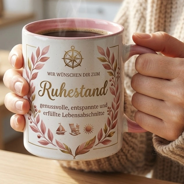 Tasse Spruch Wir wünschen dir zum Ruhestand genussvolle entspannte Lebensabschnitte – Geschenk zum Ruhestand Abschied Kollegin Rente 2026 – Kaffeetasse – Keramik Becher Weiß Rosa 330ml