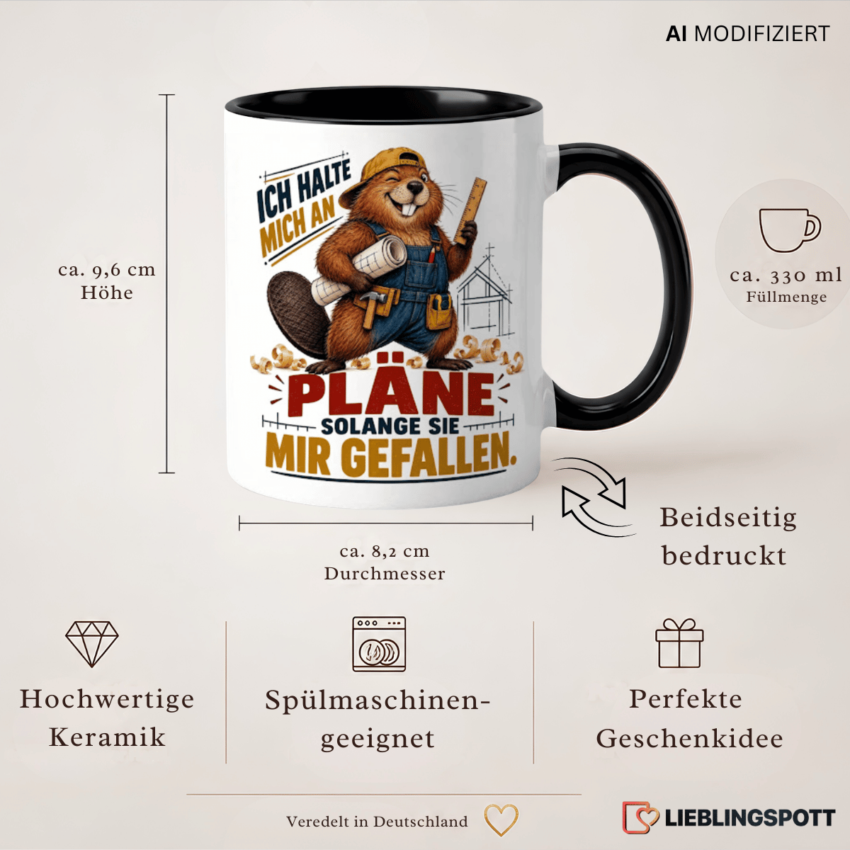 Produktinformationen zur Keramiktasse mit Biber-Motiv, ca. 330 ml, beidseitig bedruckt