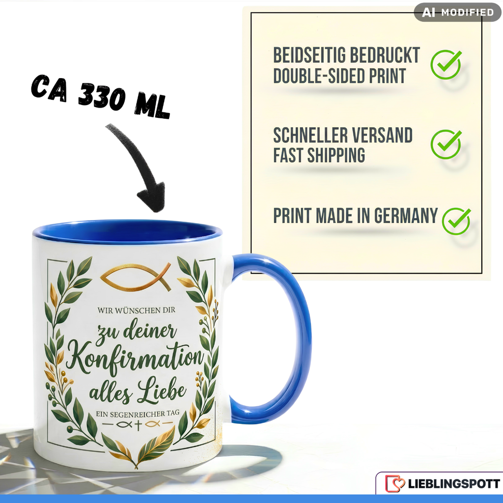 Konfirmation Tasse Spruch Geschenk alles Liebe Blauer Becher 330ml