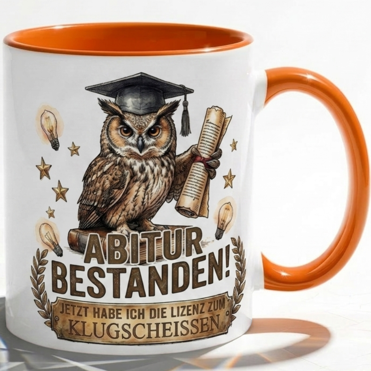 Abitur Tasse Spruch Abitur Bestanden Jetzt habe ich die Lizenz zum Klugscheissen – Lustiges Geschenk Abi Prüfung Schulabschluss 2027 Eule – Kaffeetasse – Keramik Becher Weiß Rot Dunkelrot 330m