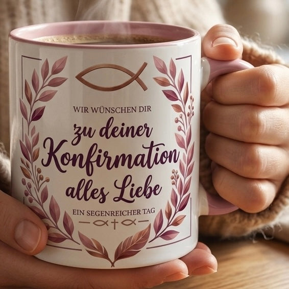 Konfirmation Tasse Spruch Wir wünschen dir zu deiner Konfirmation alles Liebe – Christliches Geschenk für Mädchen Teenager Patenkind 2027 – Kaffeetasse – Keramik Becher Weiß Rosa 330ml