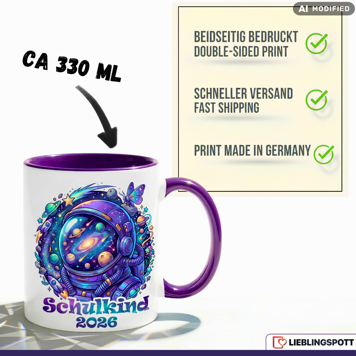 Schulkind Tasse Astronaut Geschenk Einschulung 2026 Lila Becher 330ml