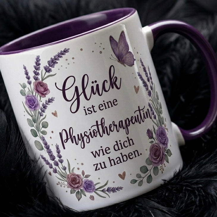Physiotherapeutin Tasse Spruch Glück ist eine Physiotherapeutin wie dich zu haben – Geschenk Praxis Geburtstag Danke Abschied – Kaffeetasse Lavendel Blumen – Keramik Becher Weiß Lila 330ml