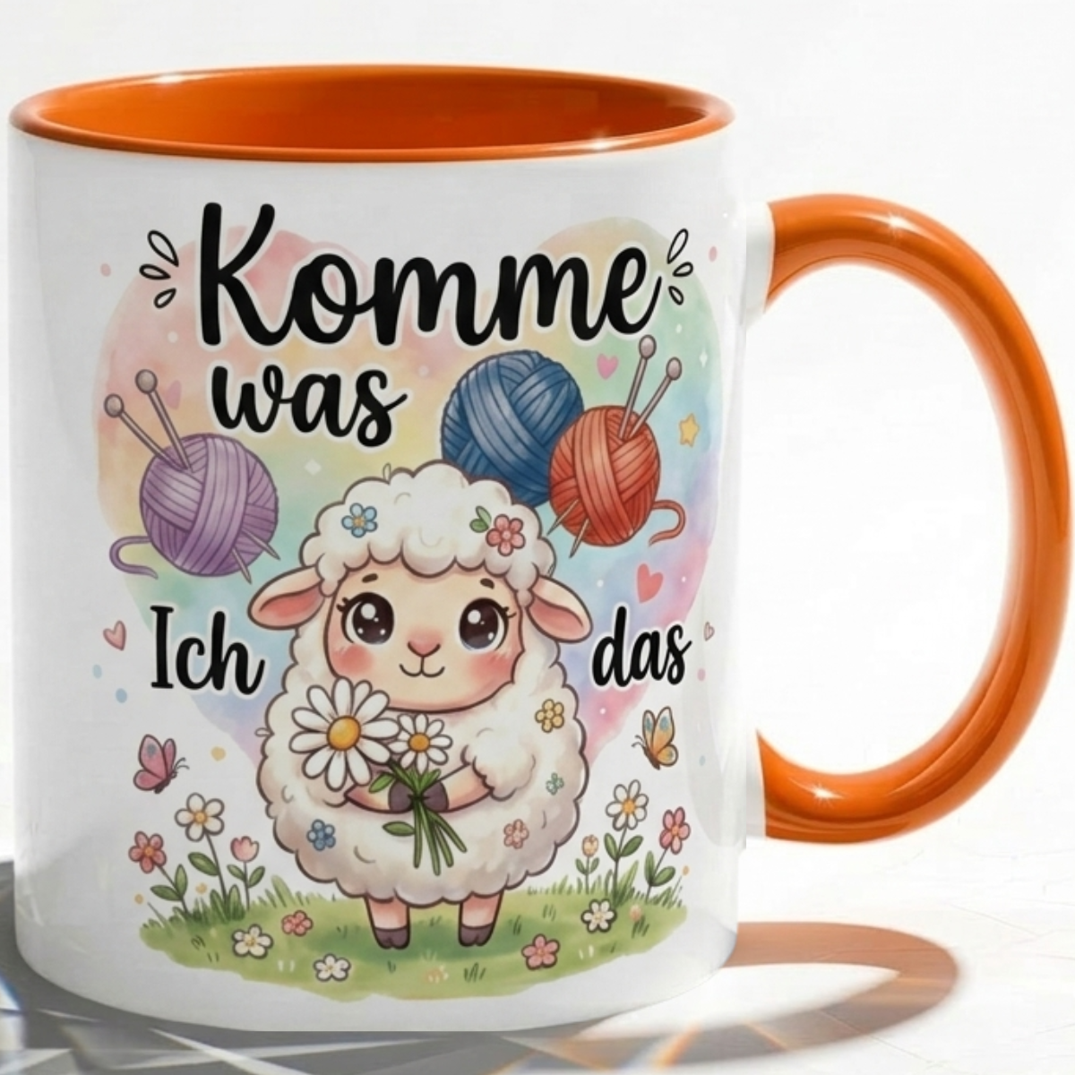 Lustige Schaf Tasse Spruch Komme was wolle Ich schaf das – Witzige Kaffeetasse Stricken Häkeln Wolle Handarbeit Motiv – Geschenk Freundin Geburtstag Mutmacher – Keramik Becher 330ml