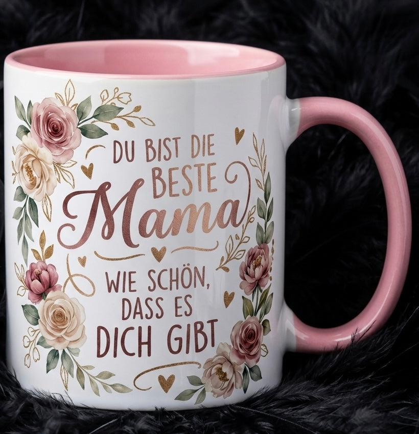 Mama Tasse Spruch Du bist die beste Mama Wie schön dass es dich gibt – Geschenk für Mutter Muttertag Geburtstag Danke Weihnachten – Kaffeetasse Blumen – Keramik Becher Weiß Rosa 330ml