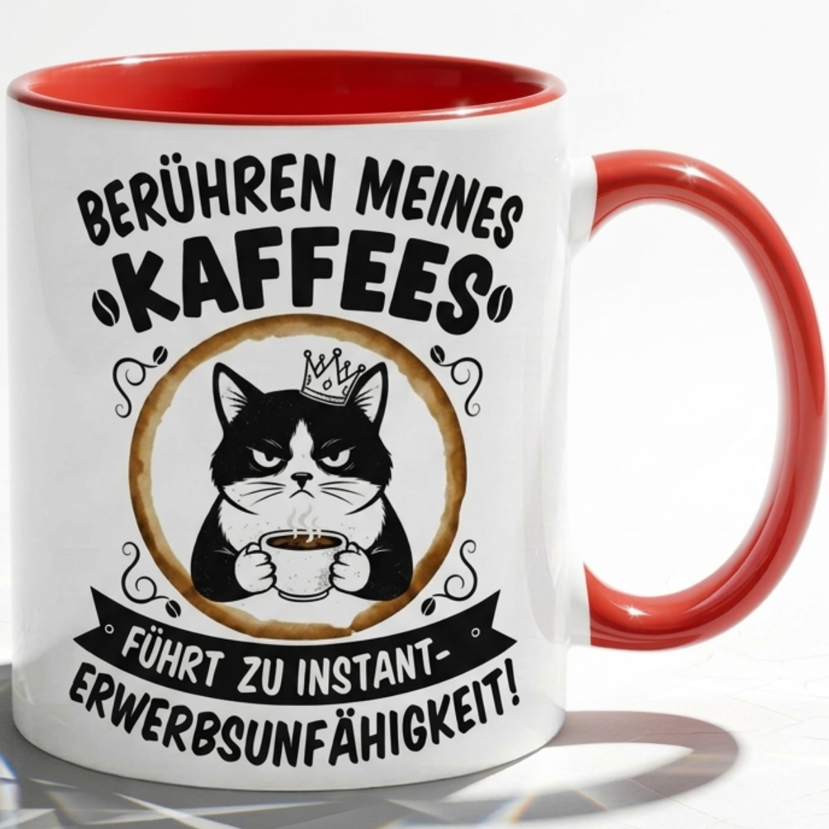 Lustige Katze Tasse Spruch Berühren meines Kaffees führt zu instant Erwerbsunfähigkeit – Witzige Kaffeetasse Büro Arbeit Job Humor – Geschenk Kollegen – Keramik Becher 330ml