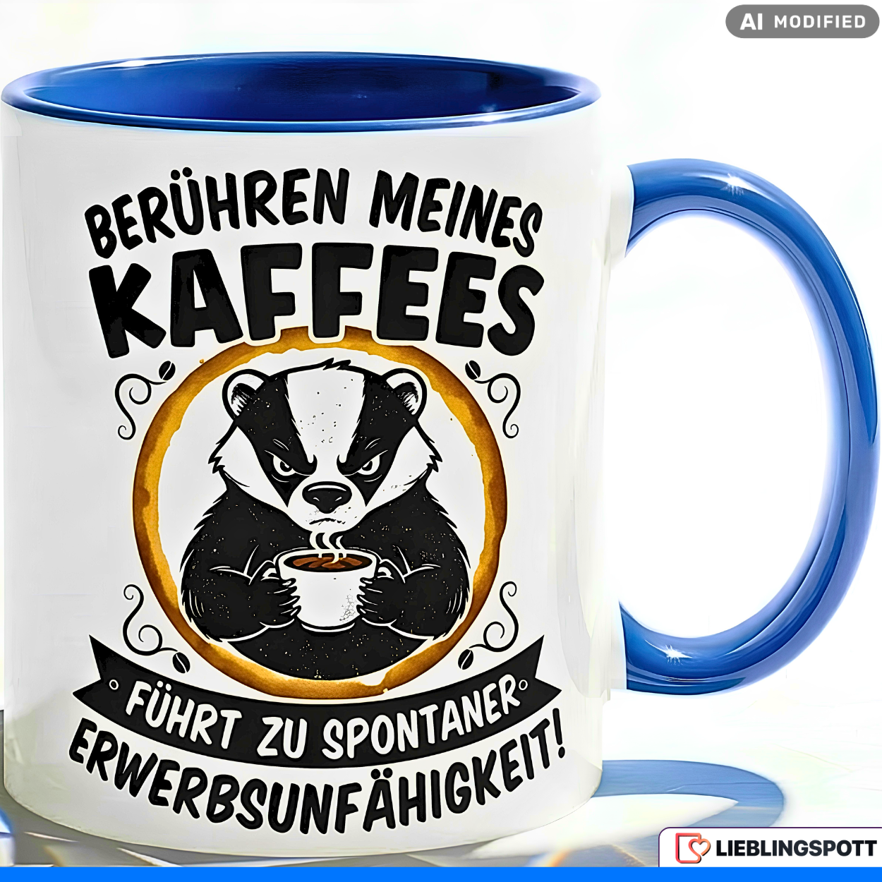 Lustige Dachs Tasse Spruch Berühren meines Kaffees führt zu spontaner Erwerbsunfähigkeit – Witzige Kaffeetasse Büro Arbeit Job – Geschenk Kollegen Chef Humor – Keramik 330ml