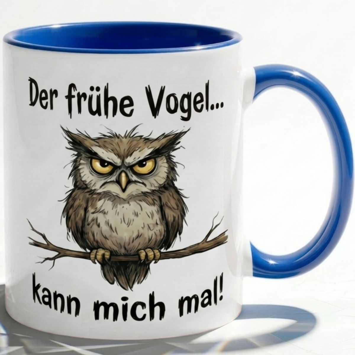 Eule Tasse Spruch Der frühe Vogel kann mich mal – Witzige Kaffeetasse Büro Arbeit Job Morgenmuffel Humor – Geschenk Kollegen Chef – Keramik Becher 330ml