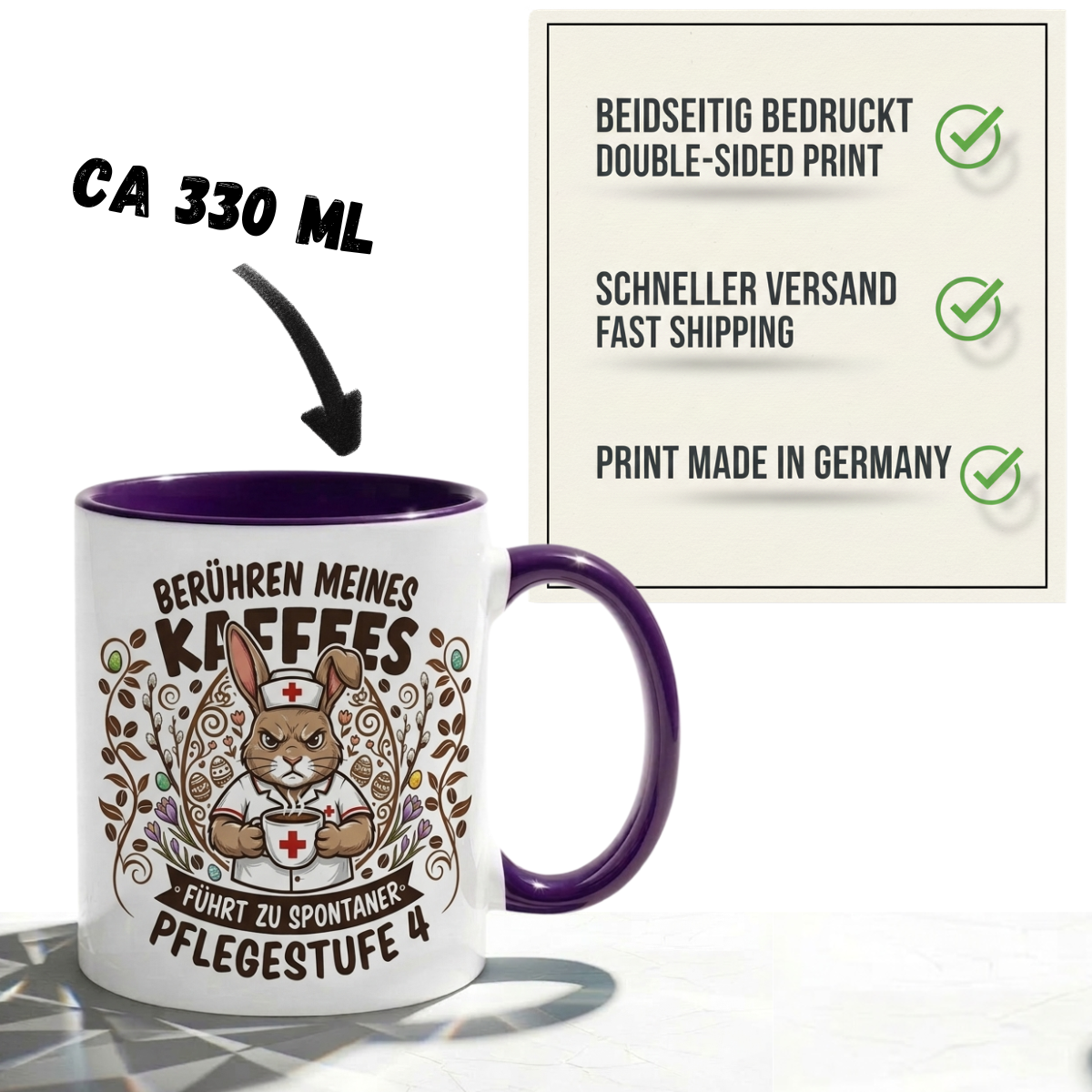 Pflege Tasse Spruch Berühren meines Kaffees führt zu spontaner Pflegestufe 4 – Witzige Kaffeetasse Krankenschwester Altenpflege Beruf Humor – Geschenk Kollegen – Keramik 330ml