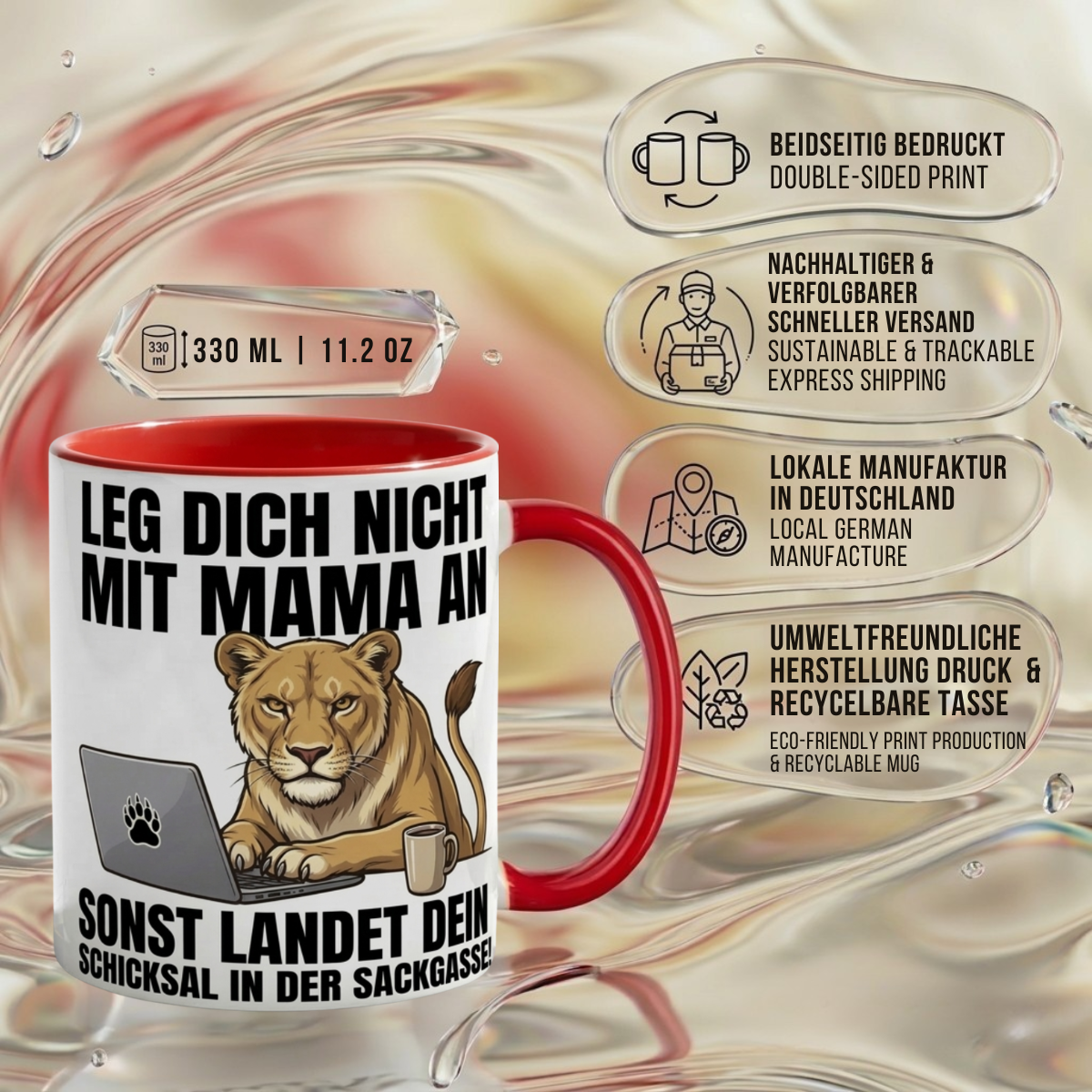 Lustige Löwin Tasse Spruch Leg dich nicht mit Mama an sonst landet dein Schicksal in der Sackgasse – Geschenk für Mutter Muttertag Geburtstag Büro Arbeit – Kaffeetasse Keramik Becher 330ml