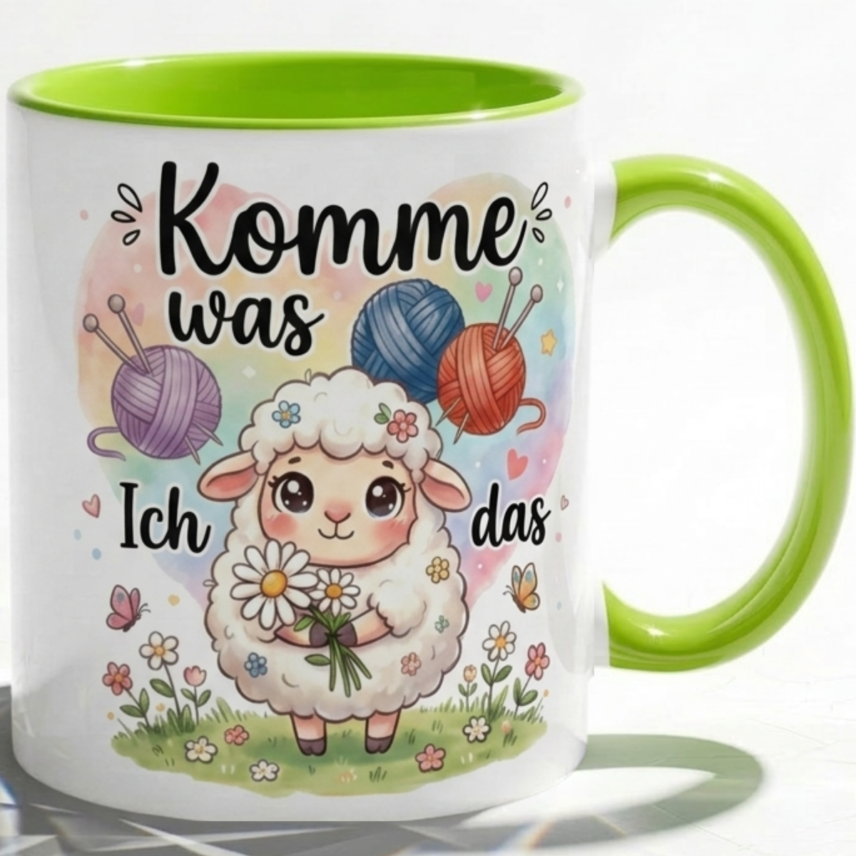 Lustige Schaf Tasse Spruch Komme was wolle Ich schaf das – Witzige Kaffeetasse Stricken Häkeln Wolle Handarbeit Motiv – Geschenk Freundin Geburtstag Mutmacher – Keramik Becher 330ml