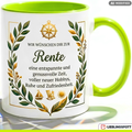 Tasse Spruch Wir wünschen dir zur Rente eine entspannte genussvolle Zeit – Geschenk zum Ruhestand Abschied Kollege Rente 2026 – Kaffeetasse – Keramik Becher Weiß Blau 330ml