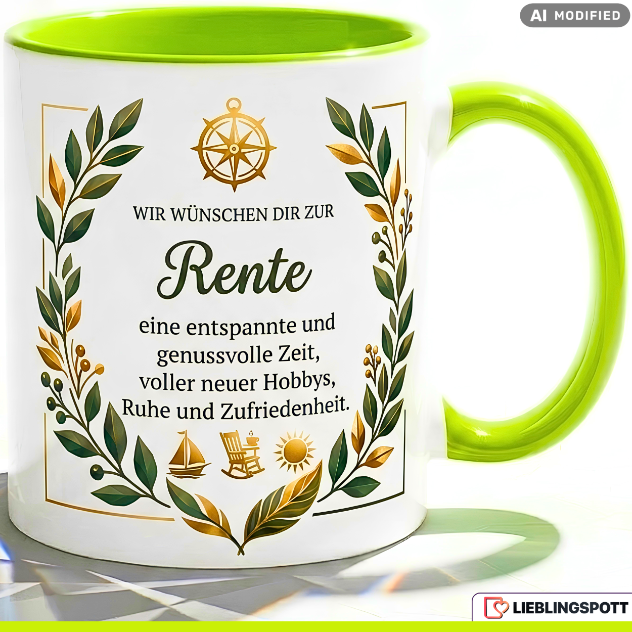 Tasse Spruch Wir wünschen dir zur Rente eine entspannte genussvolle Zeit – Geschenk zum Ruhestand Abschied Kollege Rente 2026 – Kaffeetasse – Keramik Becher Weiß Blau 330ml