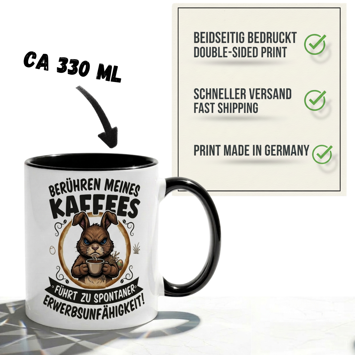 Lustige Hase Tasse Spruch Berühren meines Kaffees führt zu spontaner Erwerbsunfähigkeit – Witzige Kaffeetasse Büro Arbeit Job Humor Morgenmuffel – Geschenk Kollegen – Keramik Becher 330ml