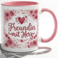 Freundin Tasse Spruch Freundin mit Herz – Geschenk für beste Freundin Geburtstag Danke Weihnachten Abschied – Kaffeetasse Blumenmotiv – Keramik Becher Weiß Lila 330ml