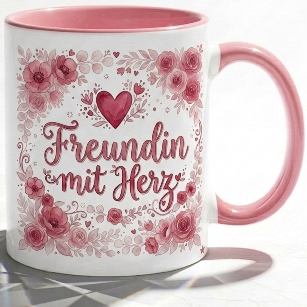 Freundin Tasse Spruch Freundin mit Herz – Geschenk für beste Freundin Geburtstag Danke Weihnachten Abschied – Kaffeetasse Blumenmotiv – Keramik Becher Weiß Lila 330ml