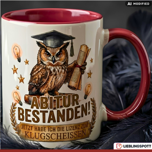 Abitur Tasse Spruch Eule Abschluss Geschenk Roter Becher 330ml