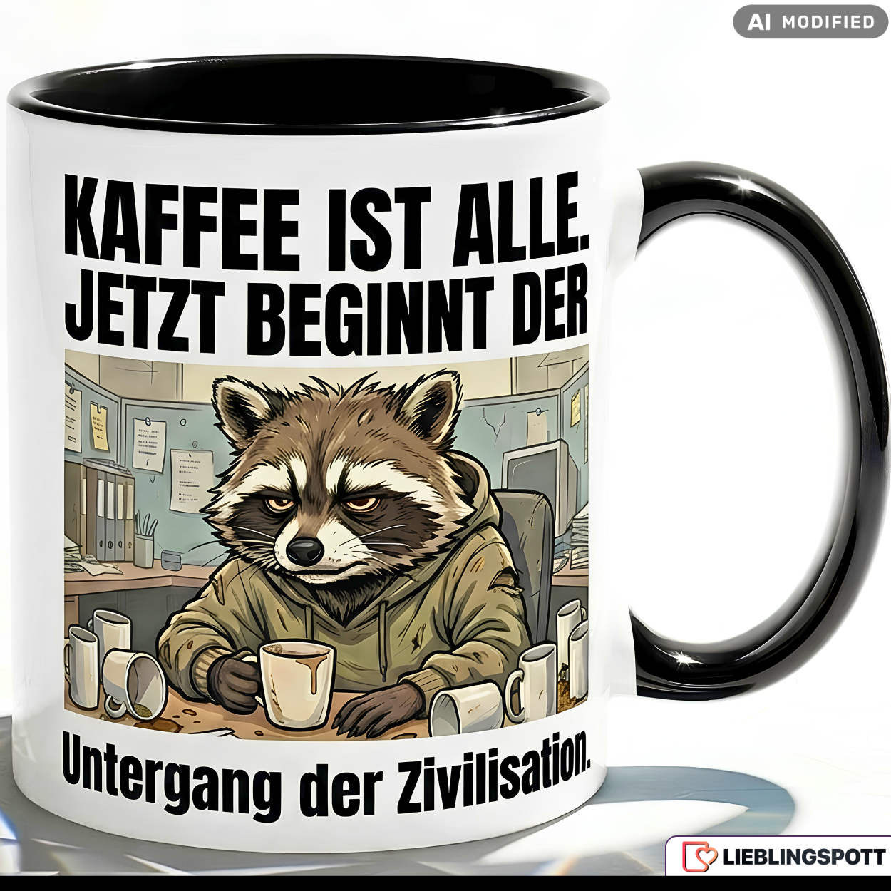 Waschbär Tasse Spruch Kaffee Büro Geschenk Kollege Schwarzer Becher 330ml