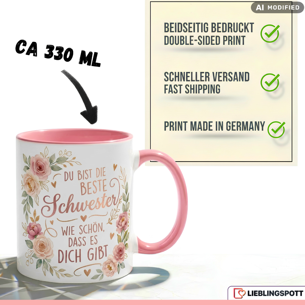 Schwester Tasse Spruch Beste Geschenk Danke Geburtstag Rosa Becher 330ml