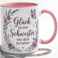 Schwester Tasse Spruch Glück ist eine Schwester wie dich zu haben – Geschenk für Schwestern Geburtstag Danke Weihnachten – Kaffeetasse Lavendel – Becher Weiß Lila 330ml