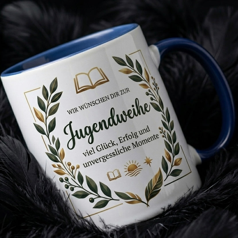 Jugendweihe Tasse Spruch Wir wünschen dir zur Jugendweihe – Geschenk für Jungen Teenager Erinnerung Feier 2027 Glück Erfolg – Kaffeetasse Blätter – Keramik Becher Weiß Blau 330ml
