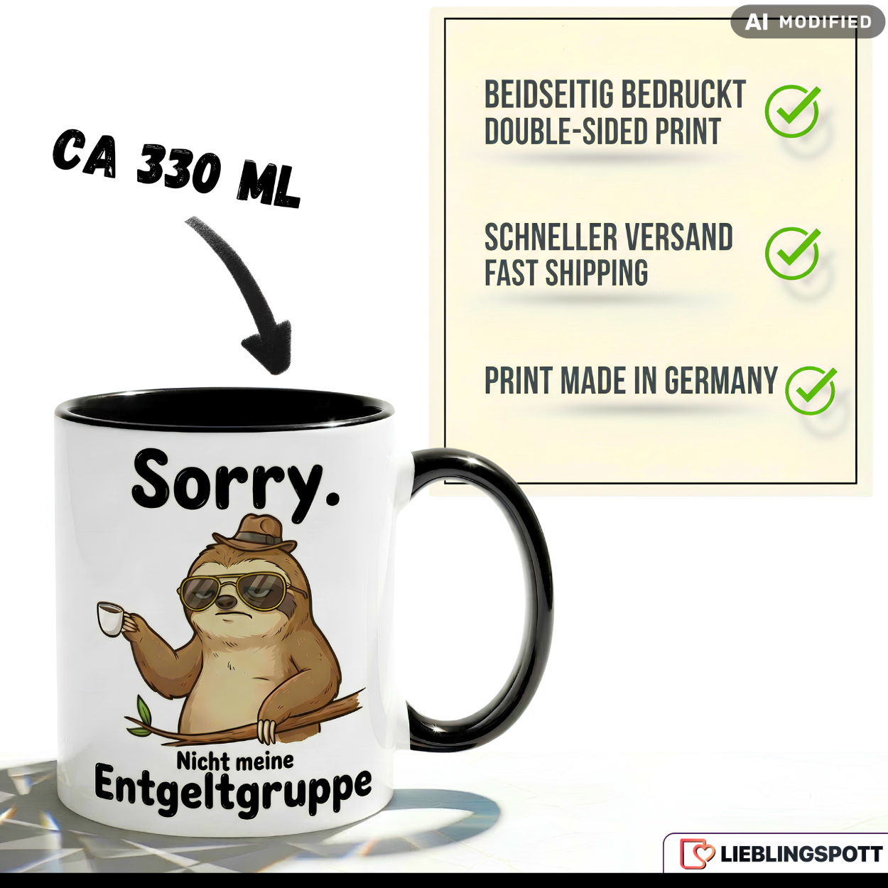 Lustige Faultier Tasse Spruch Sorry Nicht meine Entgeltgruppe – Witzige Kaffeetasse Büro Arbeit Job Humor – Geschenk Kollegen Chef Öffentlicher Dienst TVöD Beamte – Keramik Becher 330ml