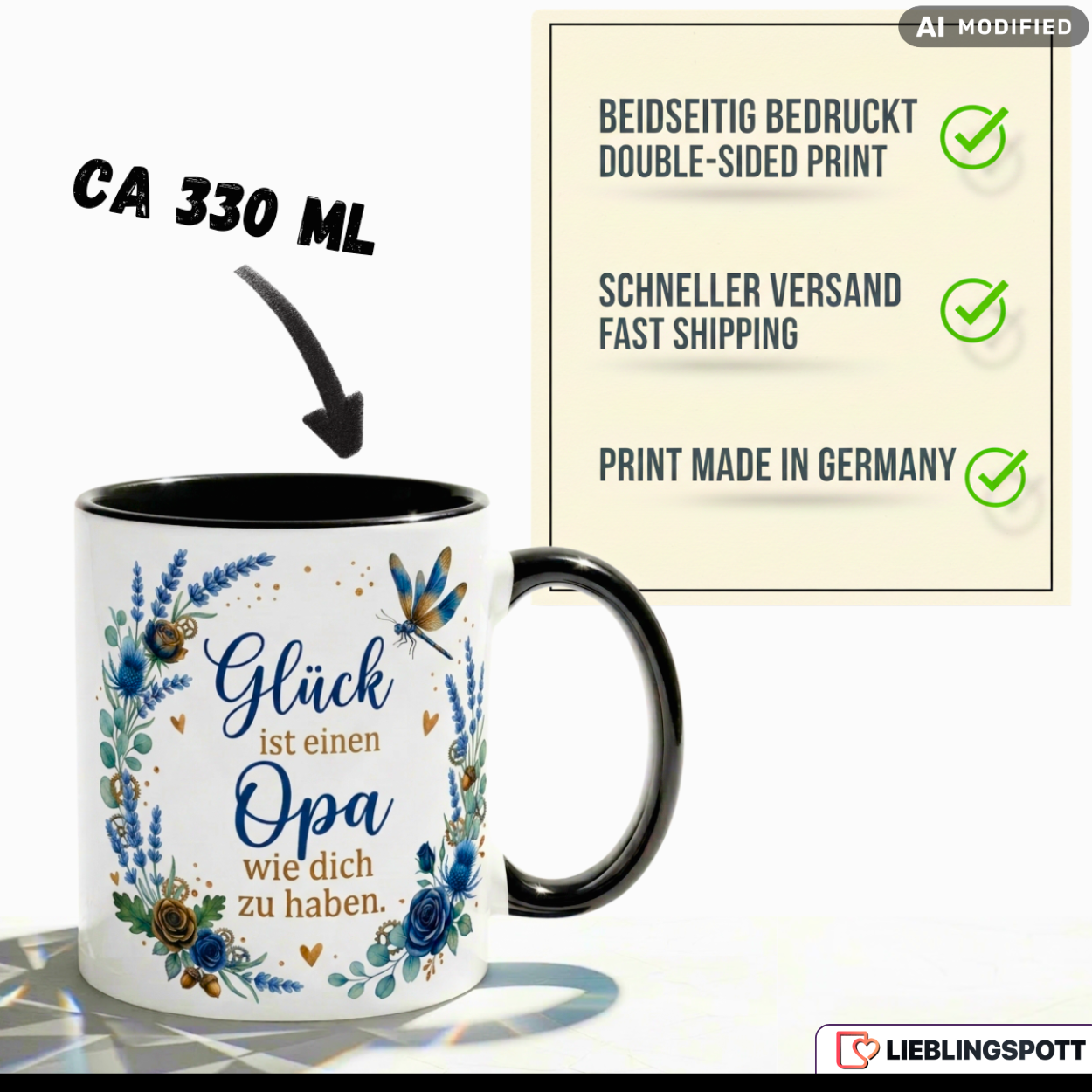Opa Tasse Spruch Glück Geschenk Vatertag Geburtstag Blau Becher 330ml
