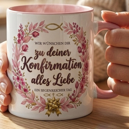 Konfirmation Tasse Spruch Wir wünschen dir zu deiner Konfirmation alles Liebe – Christliches Geschenk für Mädchen Teenager Patenkind 2027 – Kaffeetasse Blumen – Keramik Becher Weiß Rosa 330m