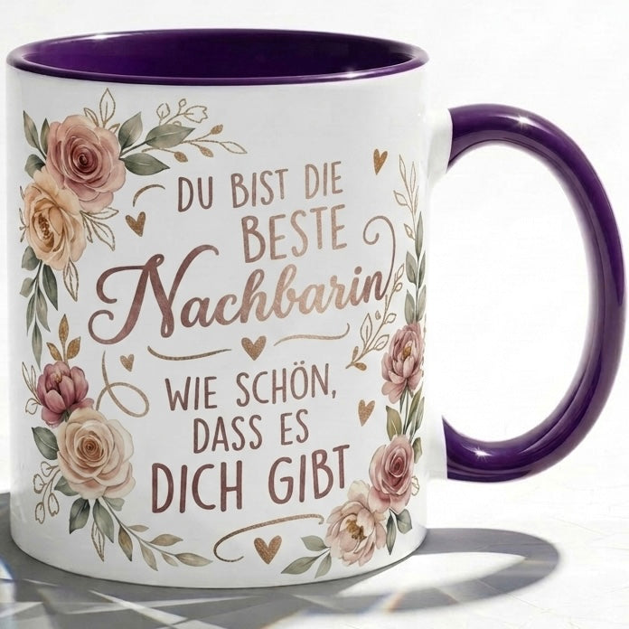 Nachbarin Tasse Spruch Du bist die beste Nachbarin Wie schön dass es dich gibt – Geschenk Nachbarschaft Geburtstag Danke Abschied Umzug – Kaffeetasse Blumen – Keramik Becher 330ml