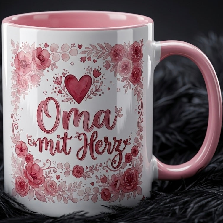 Oma Tasse Spruch Oma mit Herz – Geschenk für Großmutter Geburtstag Danke Weihnachten Enkelkinder – Kaffeetasse Blumenmotiv Rosen – Keramik Becher Weiß Rosa 330ml