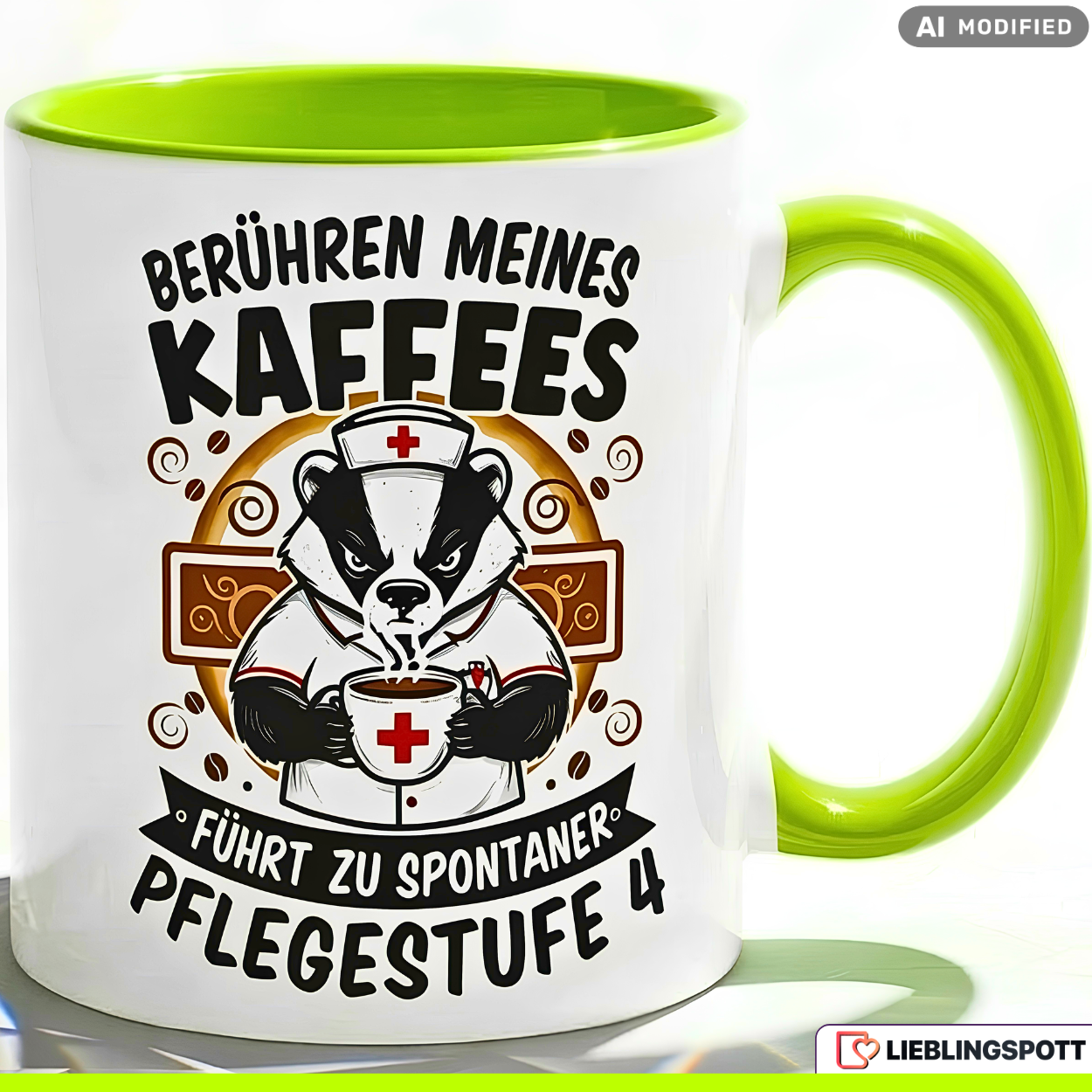Lustige Dachs Tasse Spruch Berühren meines Kaffees führt zu spontaner Pflegestufe 4 – Witzige Kaffeetasse Pflegekraft Krankenschwester Pfleger – Geschenk Krankenhaus Altenpflege – Keramik 330ml
