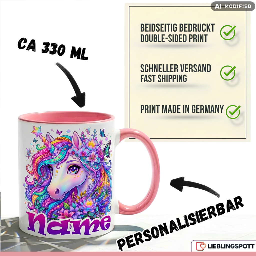 Einhorn Tasse Name personalisiert Geschenk Mädchen Rosa Becher 330ml