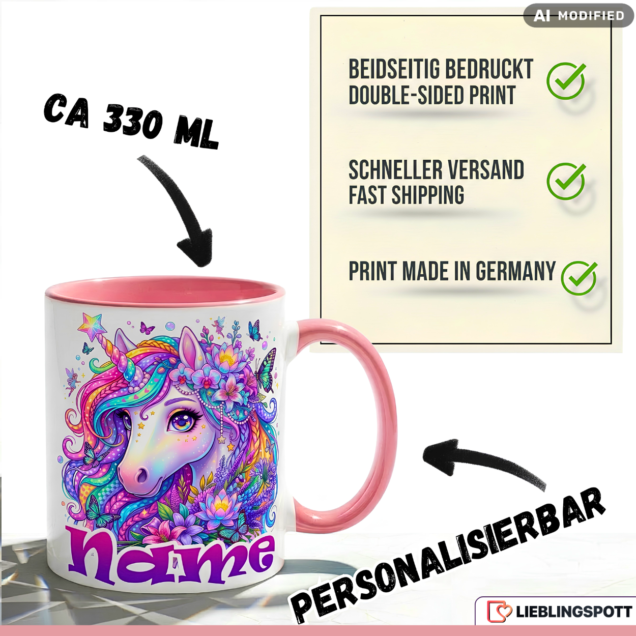 Einhorn Tasse Name personalisiert Geschenk Mädchen Rosa Becher 330ml