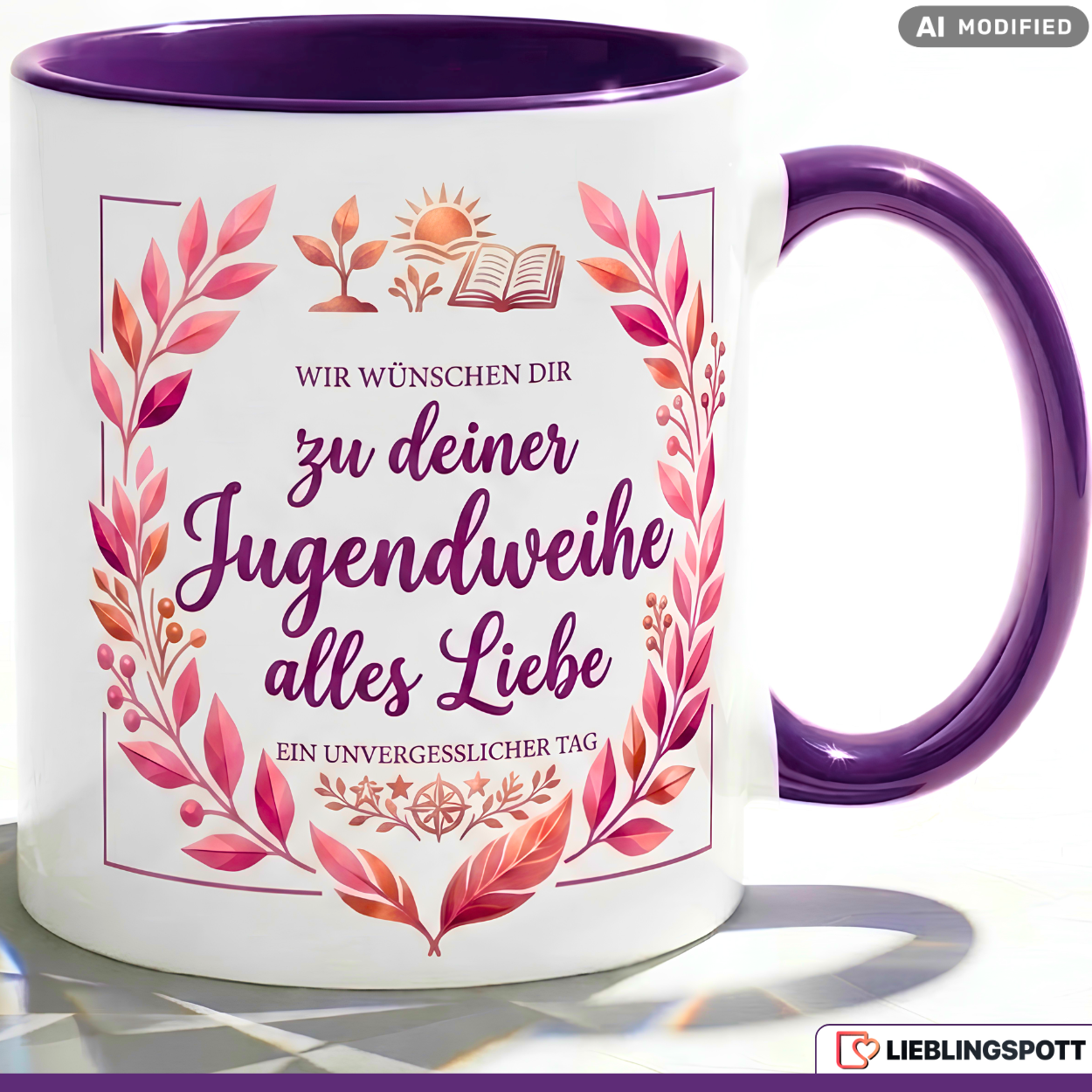 Jugendweihe Tasse Spruch Geschenk alles Liebe Lila Becher 330ml
