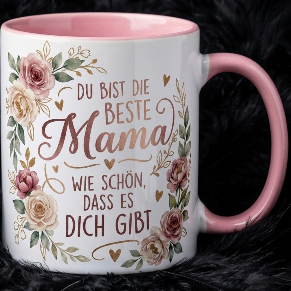 Mama Tasse Spruch Du bist die beste Mama Wie schön dass es dich gibt – Geschenk für Mutter Muttertag Geburtstag Danke Weihnachten – Kaffeetasse Blumen – Keramik Becher Weiß Rosa 330ml